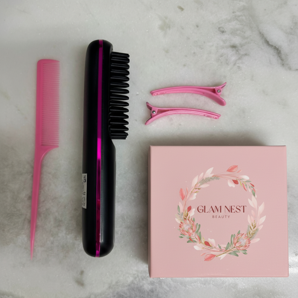 Cordless Hair Straightener Brush Kit with Pink Packaging