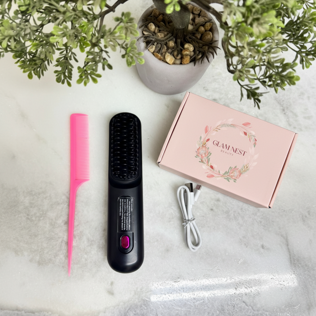 Cordless Hair Straightener Brush with Pink Packaging